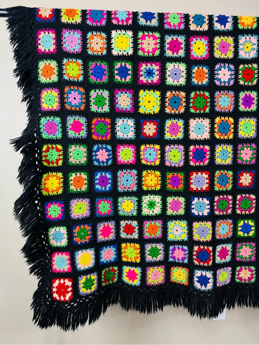 Vintage Granny square blanket black multicolor wool tight weave fringe trim EUC